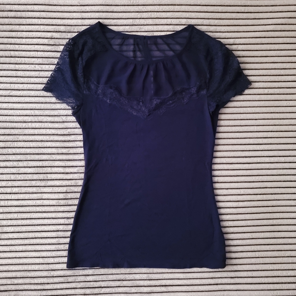 Express Navy Blue Sheer/Lace Short Sleeve Top Size X-Small